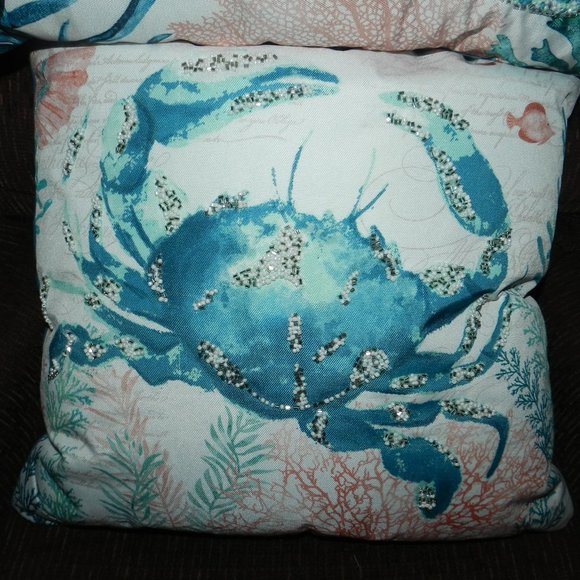Beaded Coastal Blue Crab Decorative 2Pc Throw Pillow Case & Pillow 18"x18" NWT! - Picture 2 of 14